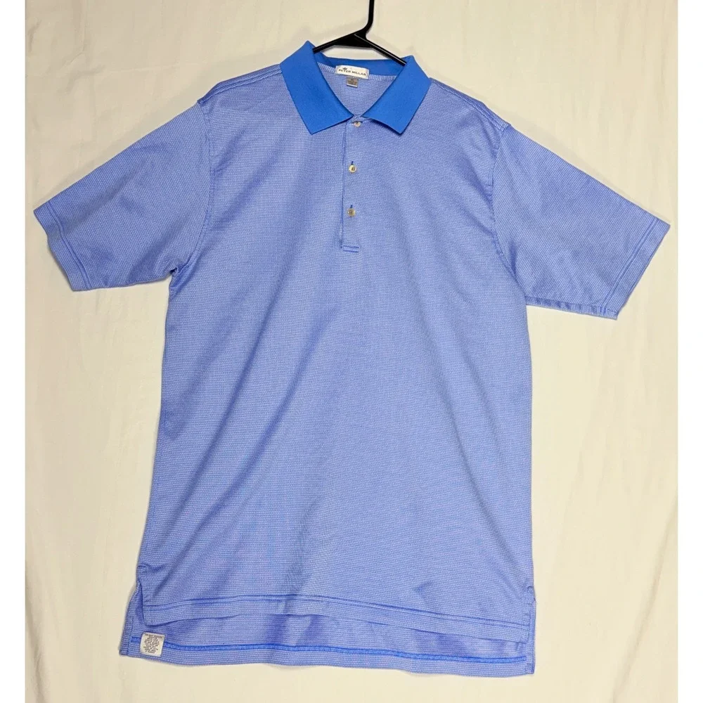 Peter Millar Mens XL Blue Geo Print Performance Polo Shirt Short Sleeve Golf - Picture 2 of 8